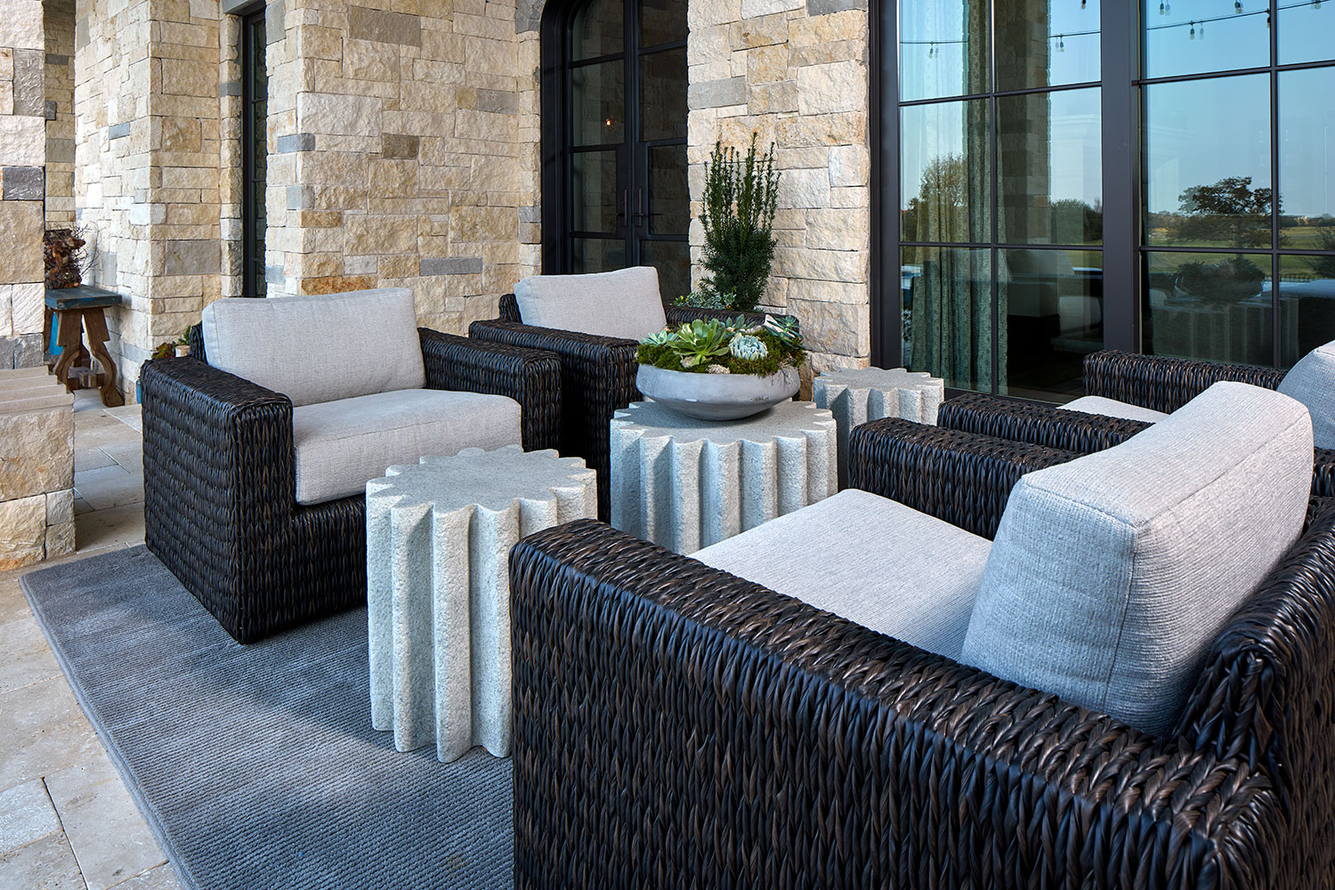 Outdoor Cocktail Tables with Woven Upholstered Club Chairs
