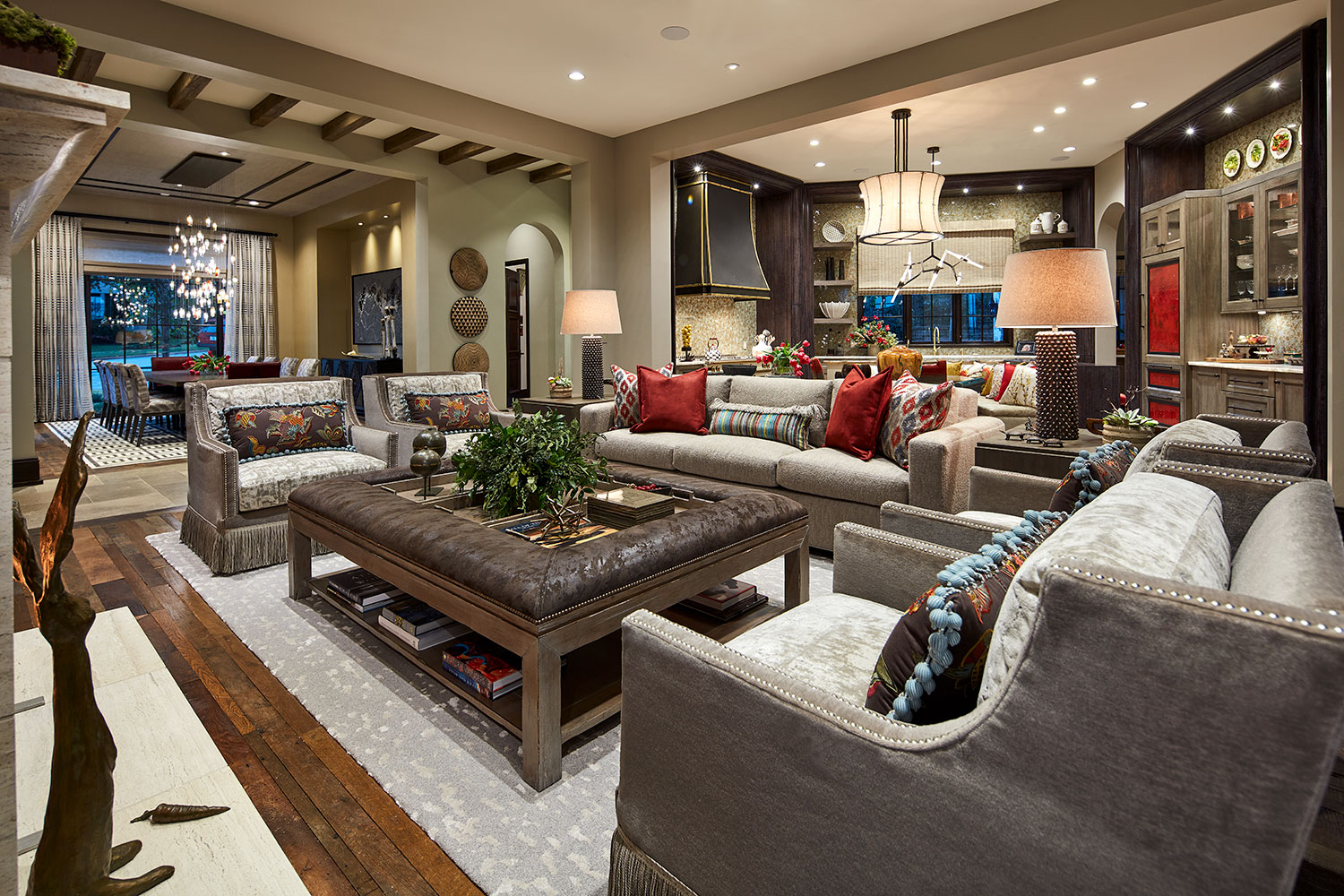 Open Floor Plan Family Room with Upholstered Cocktail Table