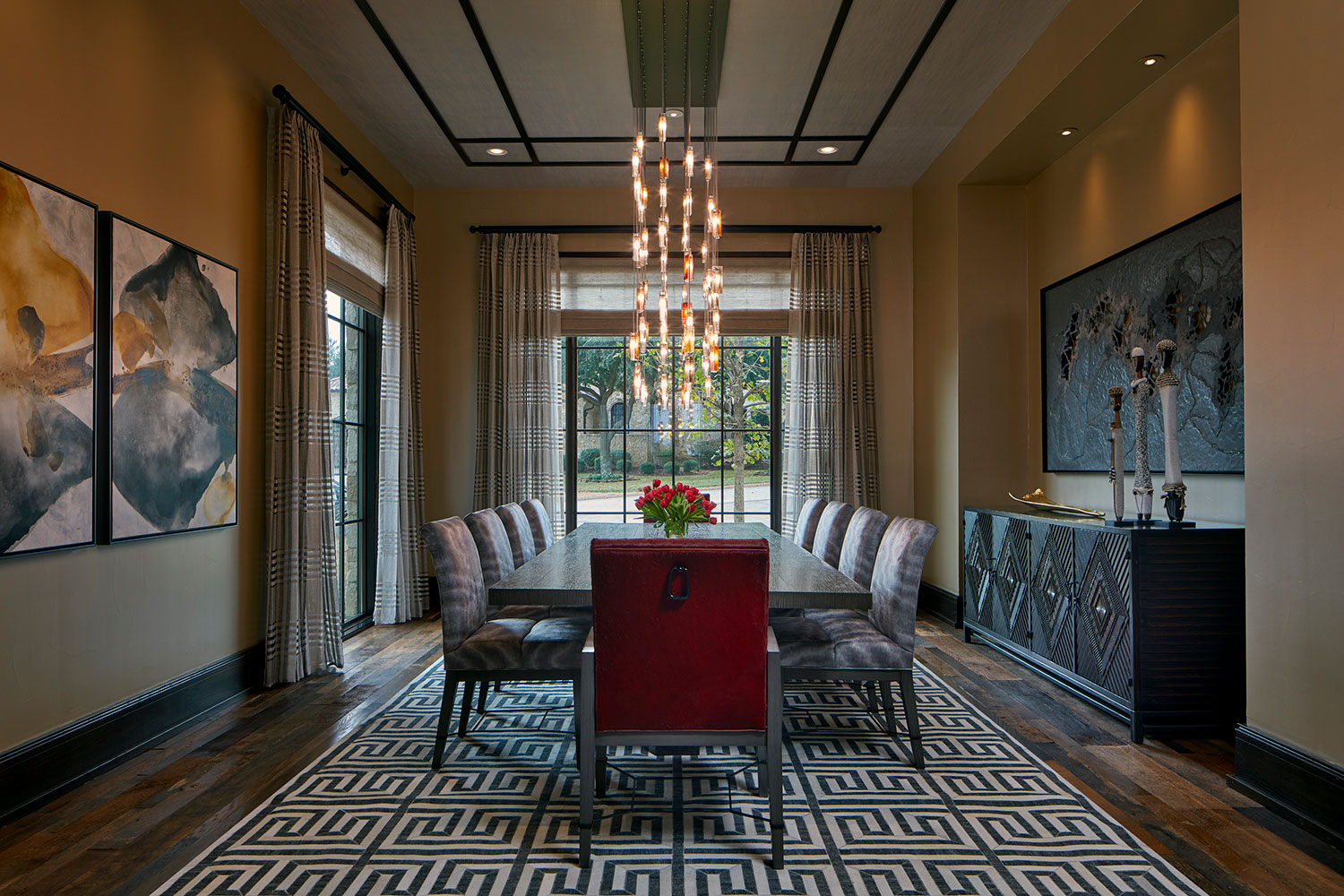 Dining Room Table for 10 with Cluster Chandelier, Custom Rug and Ceiling Detail