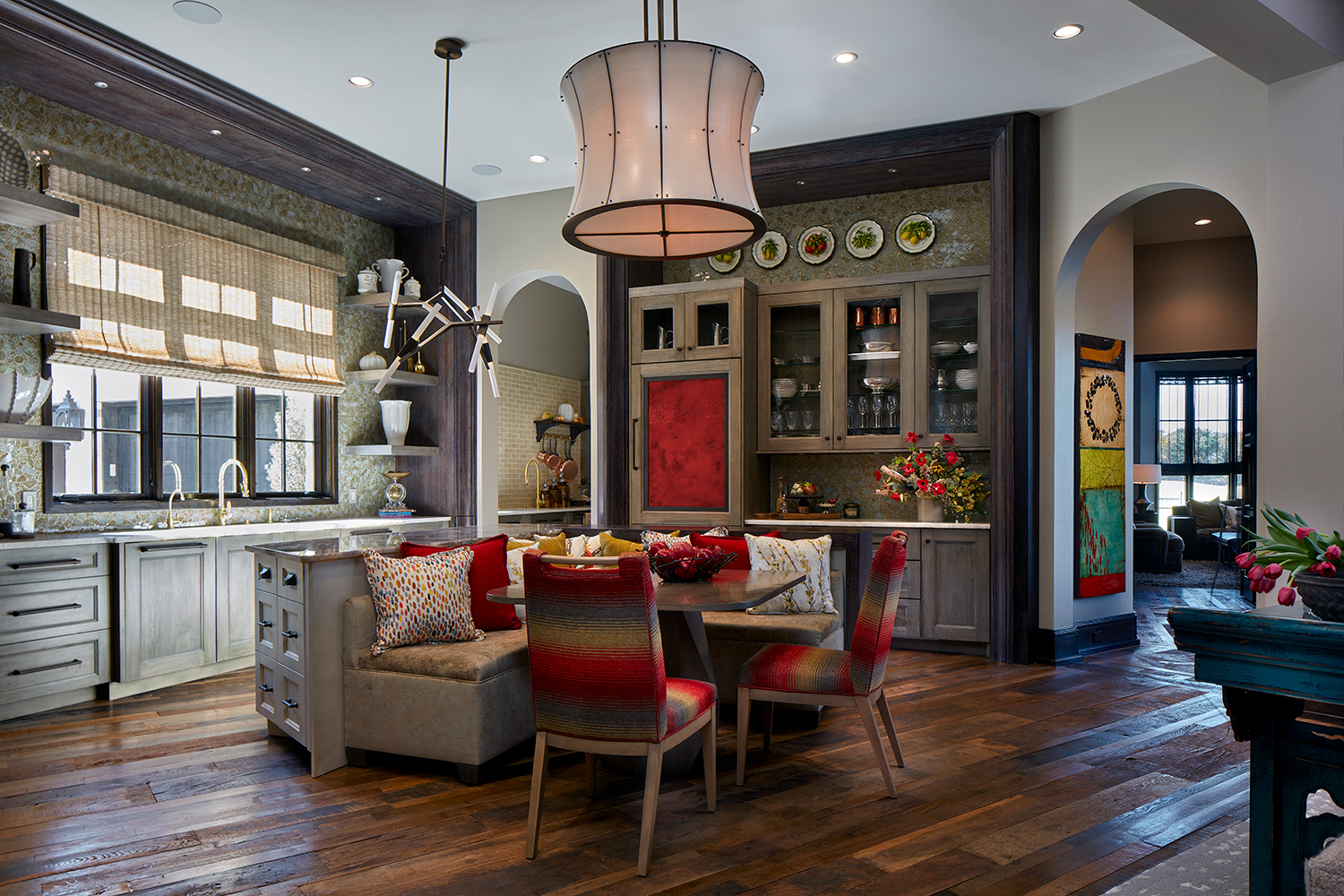 Large Drum Chandelier in Open Concept Kitchen