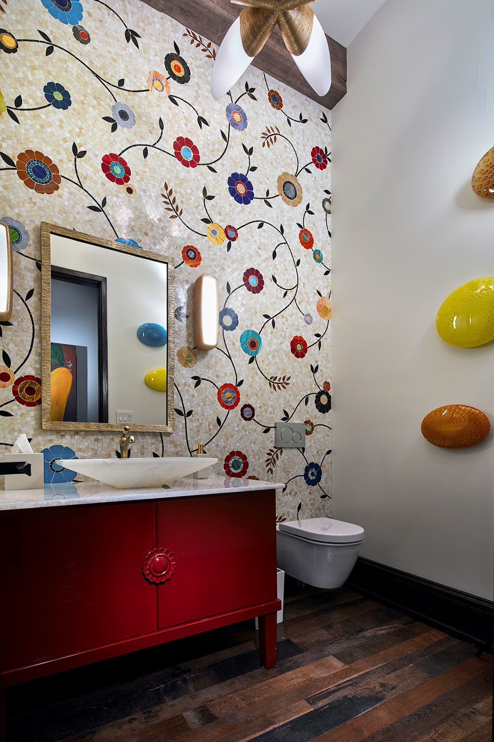 Colorful Pool Powder Room with Floral Mosaic Tile Wall