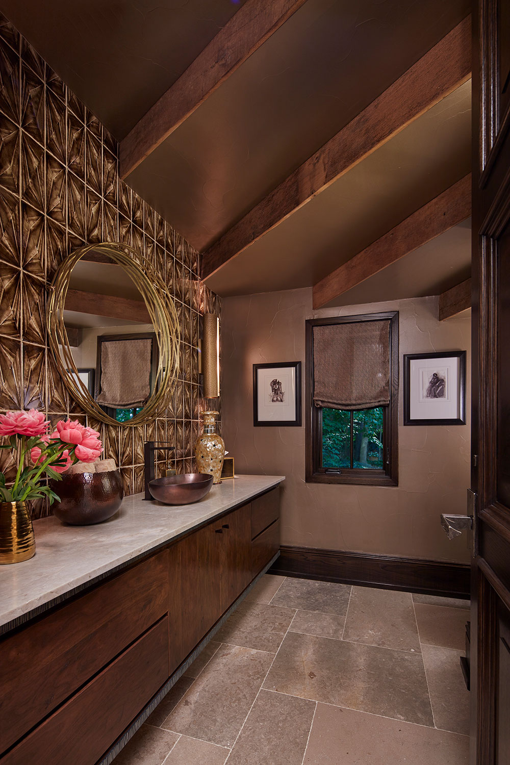 Powder Room with Bronze Vessel Sink Tile Wall and Gold Mirror