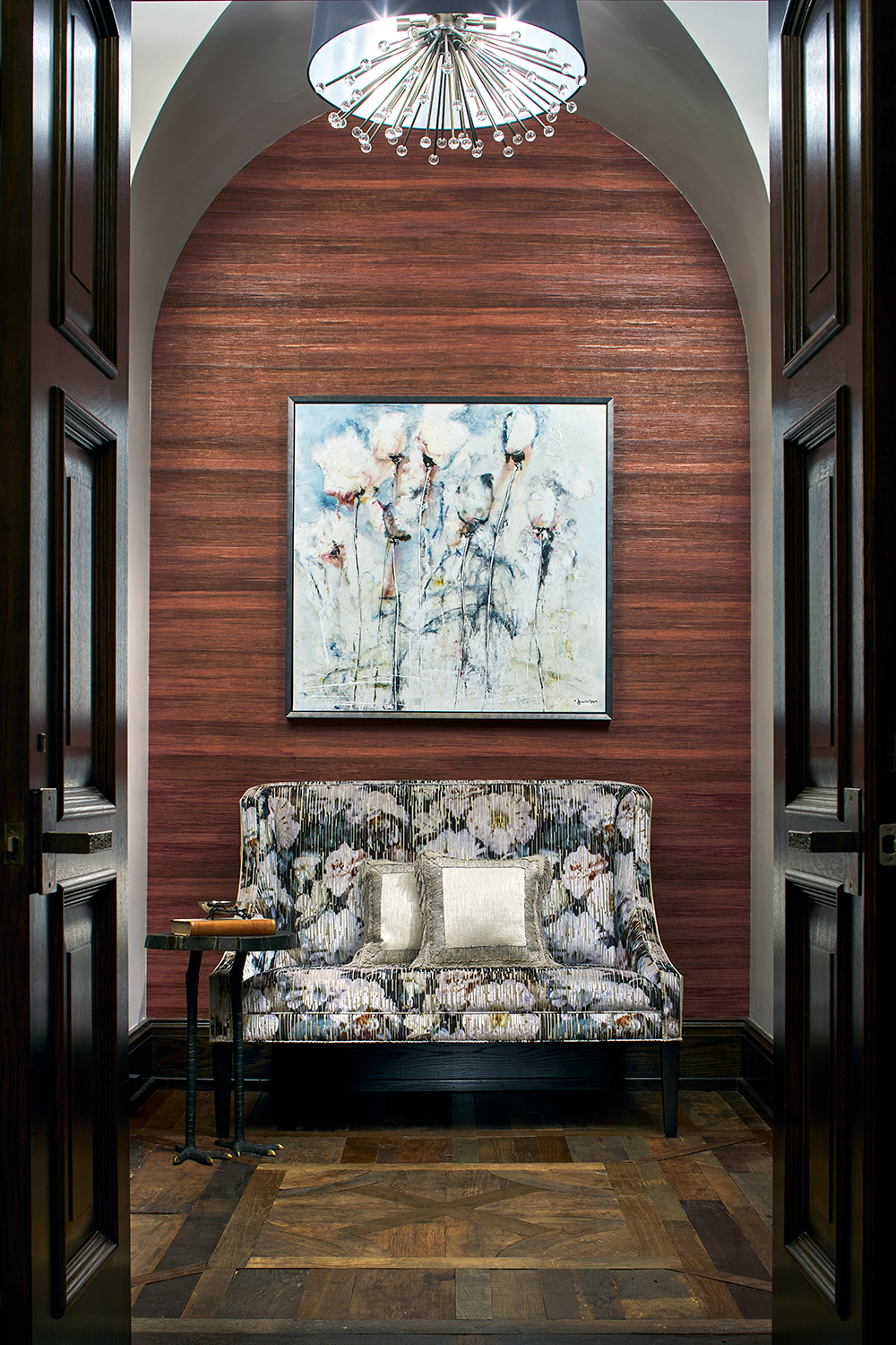 Master bedroom vestibule with inlaid floor detail in French farm house wood 