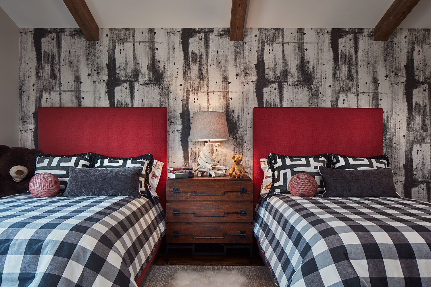 Grandchildren's Guest Room with Rustic, Black and White Theme and Red Headboards