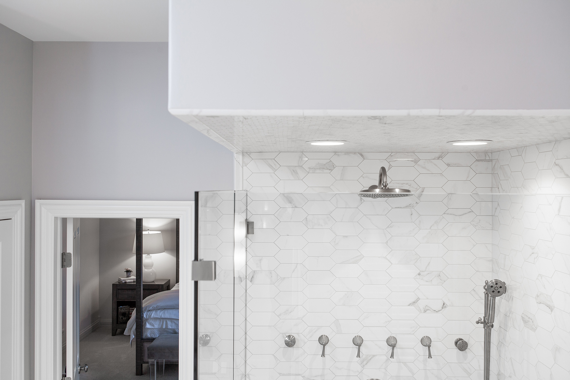 marble tile on ceiling of shower