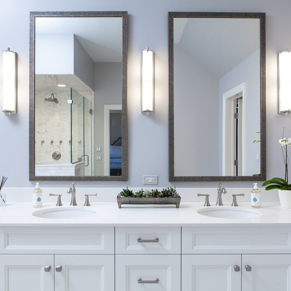 white vanity cabinet with his and her sinks