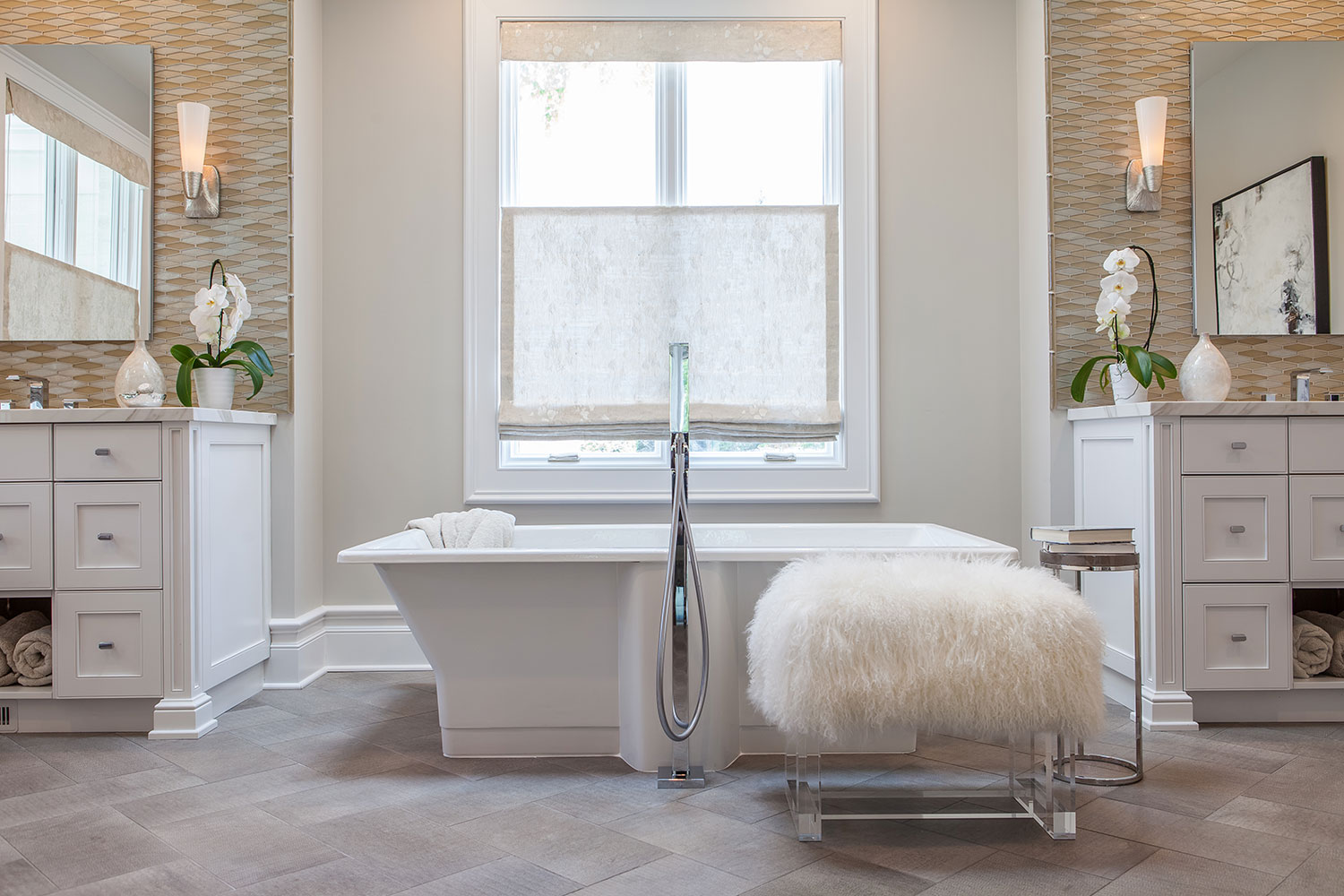 Rectangular Freestanding Tub with Faux Goat-Hair Bench