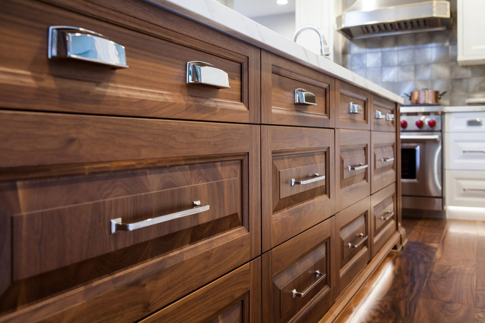 Stained Wood Island Drawers Versus Cabinets