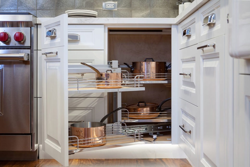 Corner Cabinet with Pull-Out Wire Shelves