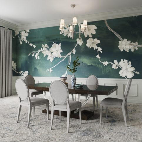 green and white bold floral wallpaper in dining room