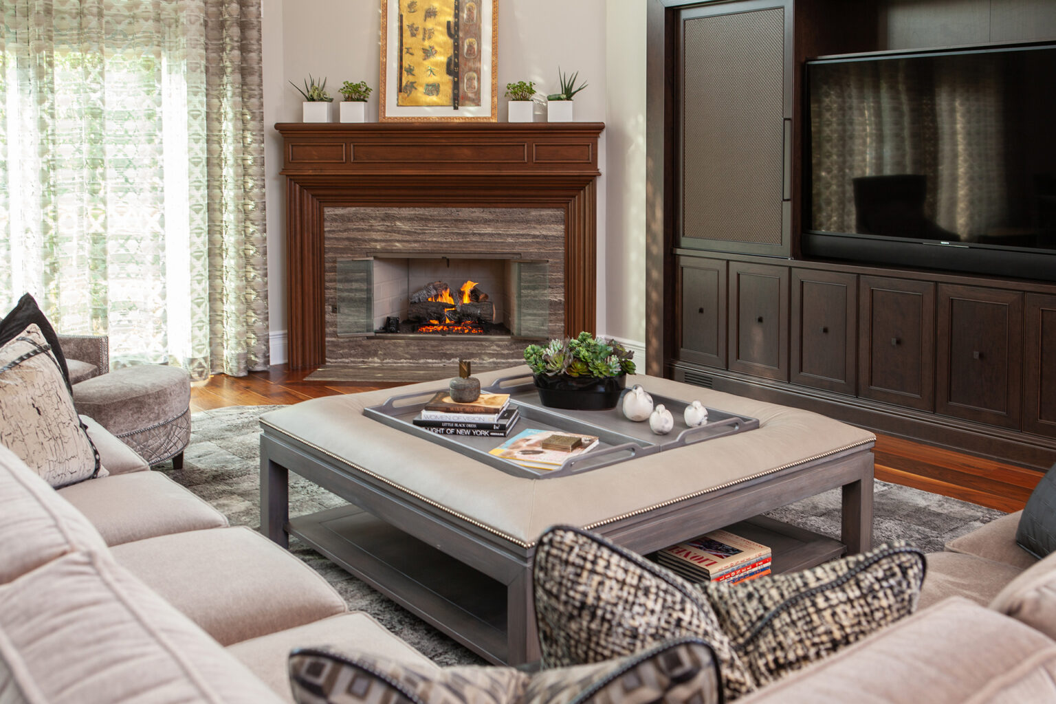 custom coffee table in wood and leather