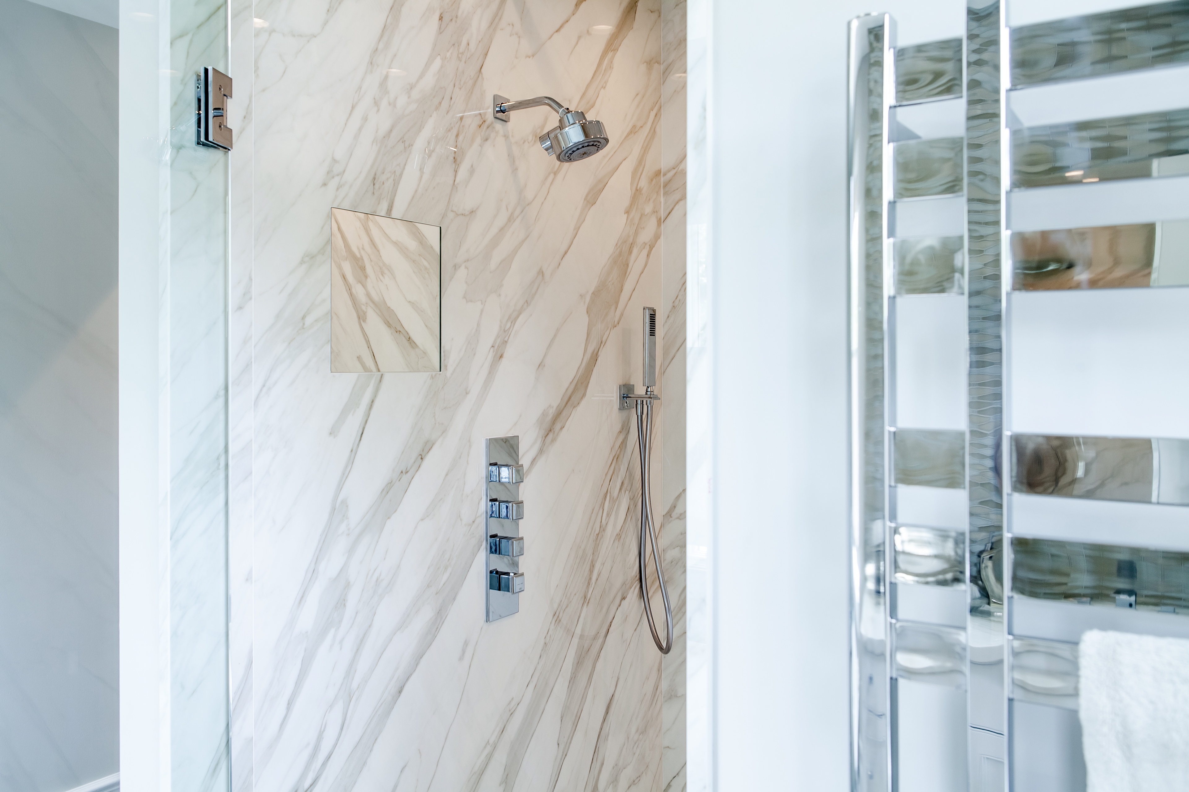 Durable, Faux Marble Porcelain in Steam Shower Michelle's Interiors