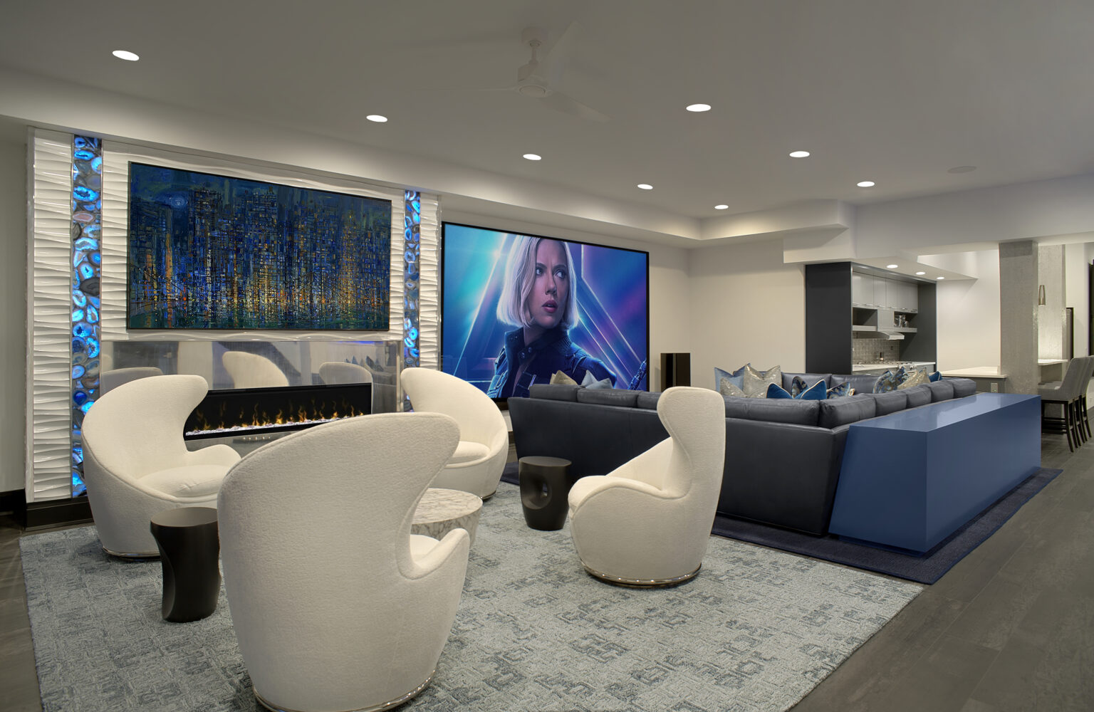 contemporary white swivel chairs in lower level home theater