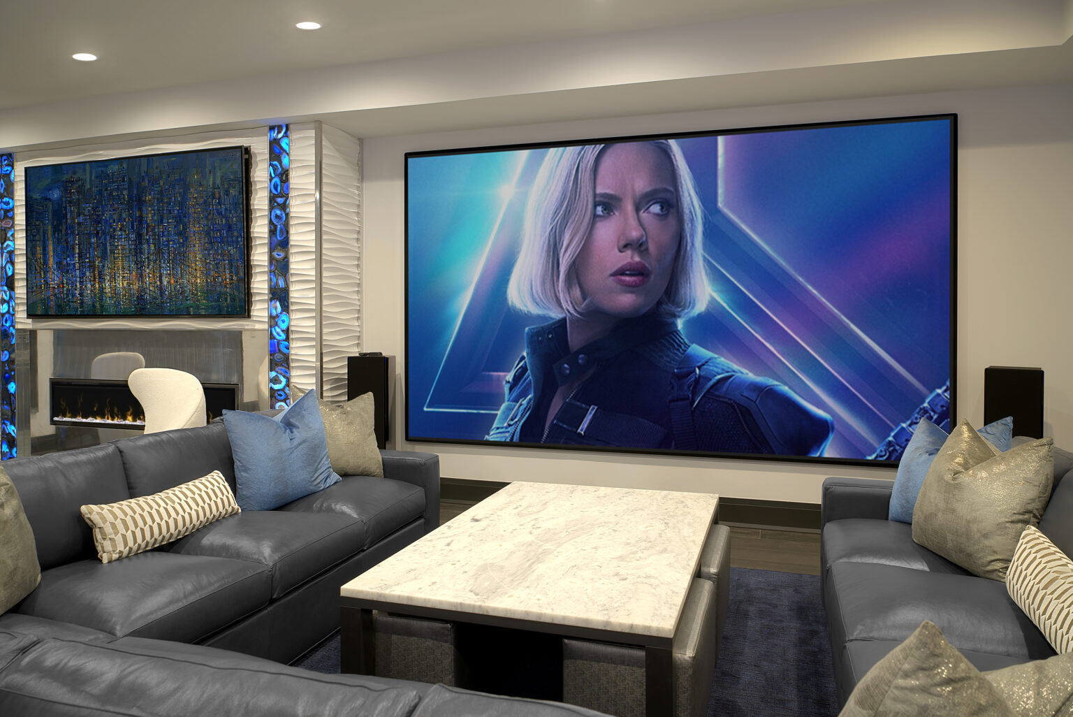 lower level home theater with u shaped sectional