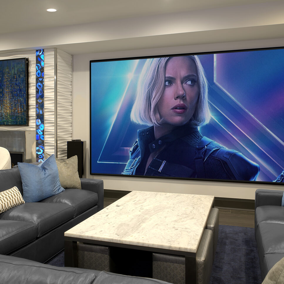 lower level home theater with u shaped sectional