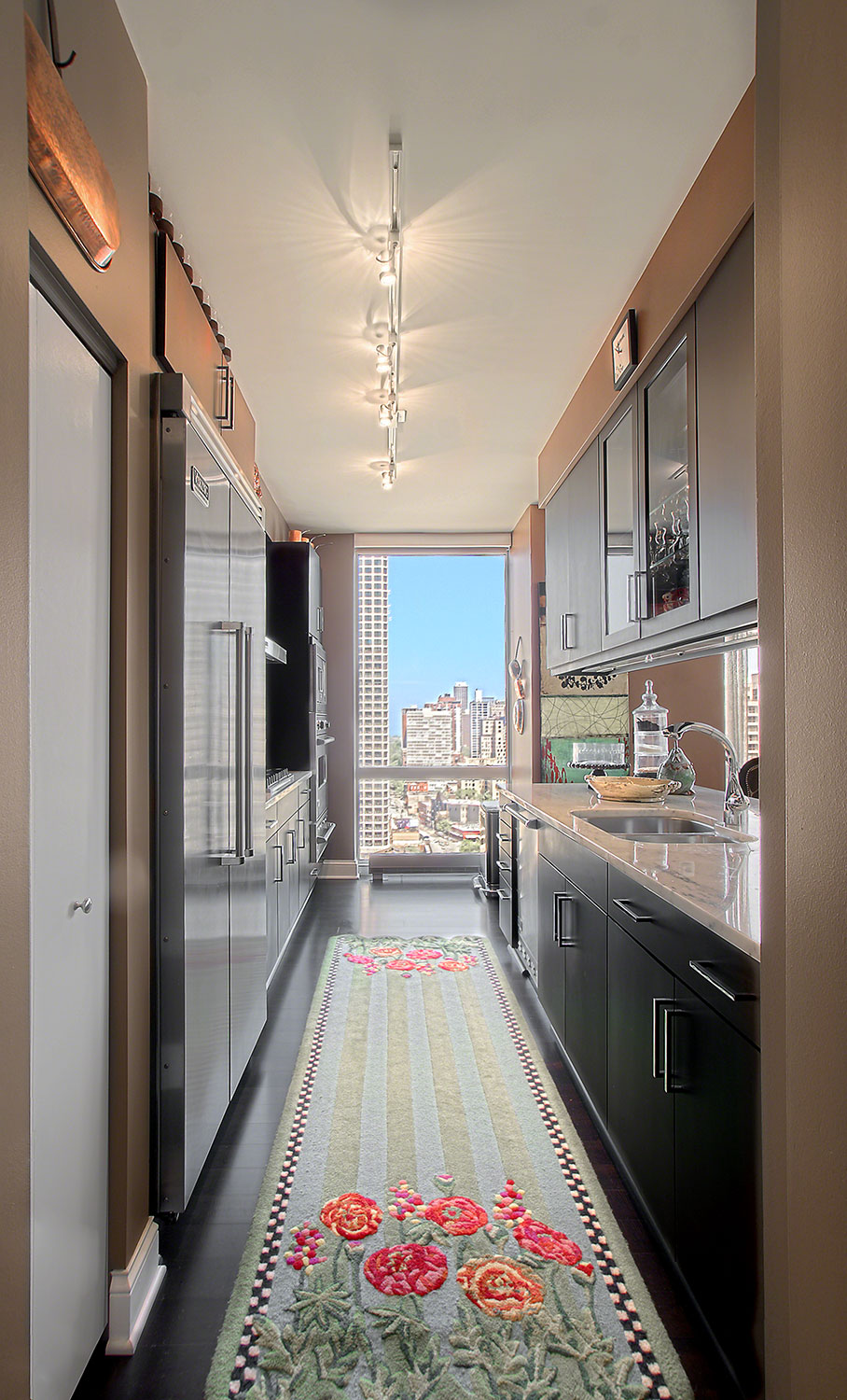 Art-Inspired Floral Runner in Galley Kitchen